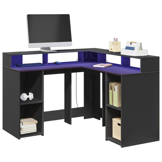 Escritorio con luces LED Negro 130x130x91 cm Madera de ingeniería