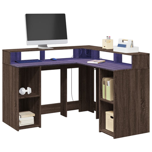 Escritorio con luces LED Roble Marrón 130x130x91 cm Madera Sintética