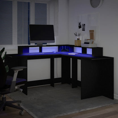 Bureau avec lumières LED Noir 152x152x91 cm Bois composite
