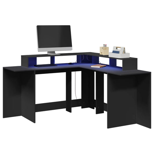 Bureau avec lumières LED Noir 152x152x91 cm Bois composite