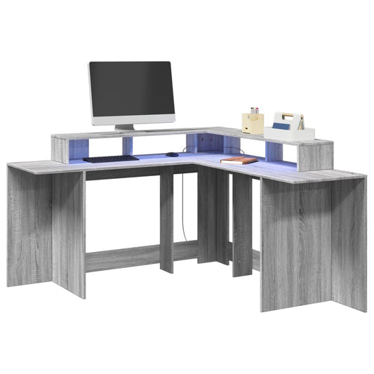 Escritorio con luces LED Gris Sonoma 152x152x91 cm Madera Ingeniosa