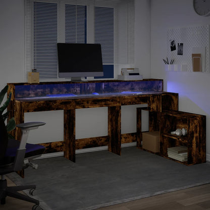 Escritorio con luces LED Roble Ahumado 200x104x91 cm Madera Sintética
