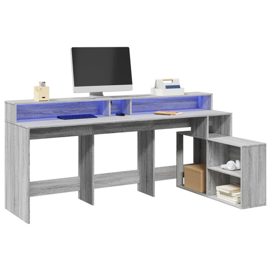 Bureau avec lumières LED Gris Sonoma 200x104x91 cm Bois composite