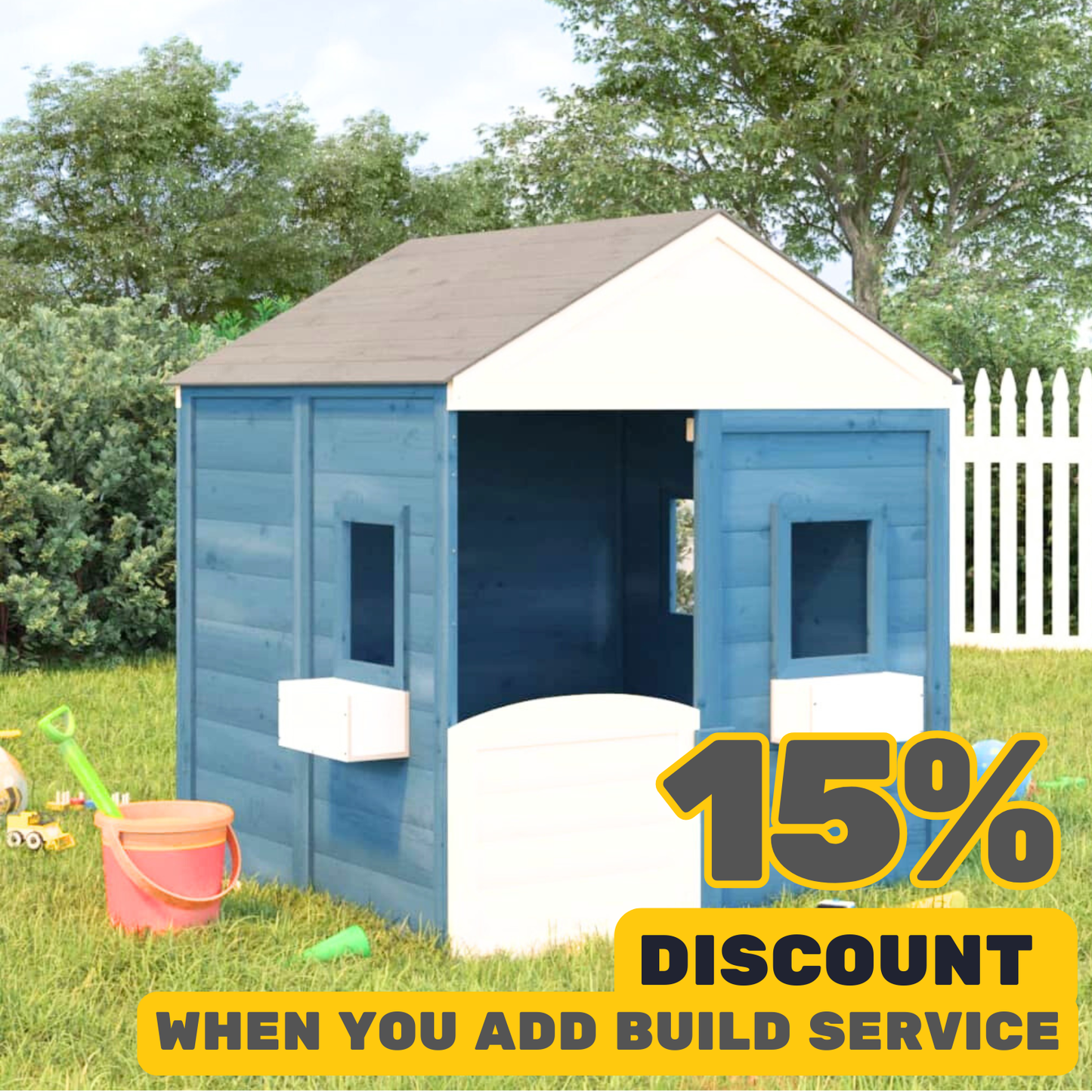 Blue, White & Grey Playhouse with flower Pots Solid Wood Fir